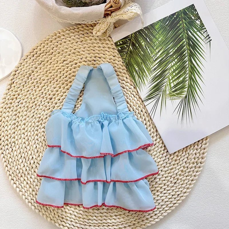 Chambray ruffled pet dress from Pet Panache Boutique, stylish blue pet dress with ruffles for small dogs or cats.
