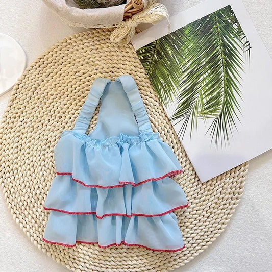 Chambray ruffled pet dress from Pet Panache Boutique, stylish blue pet dress with ruffles for small dogs or cats.
