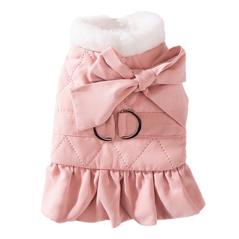 Pink pet dress with a classic bow from Pet Panache Boutique, featuring a stylish design perfect for small dogs or cats.