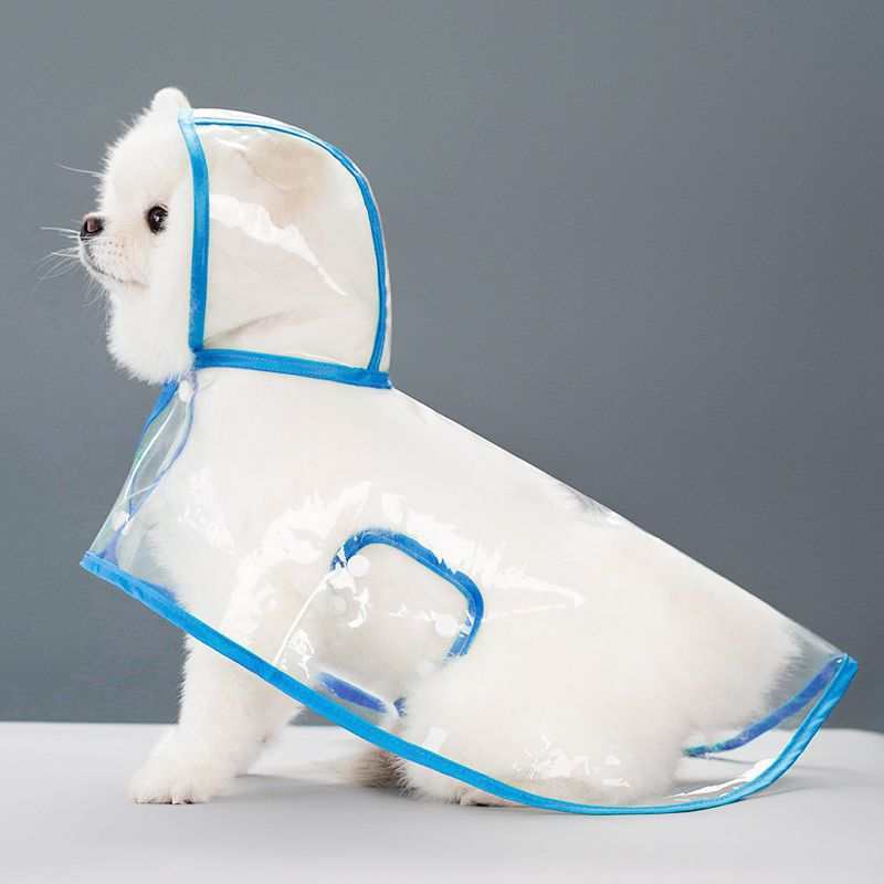 Clear pet raincoat with colorful trim, waterproof Pet Panache Boutique pet raincoat, designed to keep pets dry in rainy weather.