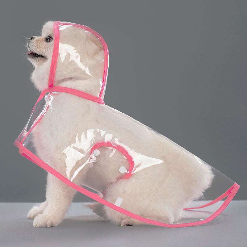 Clear Pet Raincoat with colorful trim, waterproof pet raincoat from Pet Panache Boutique, designed to keep pets dry in rainy weather.