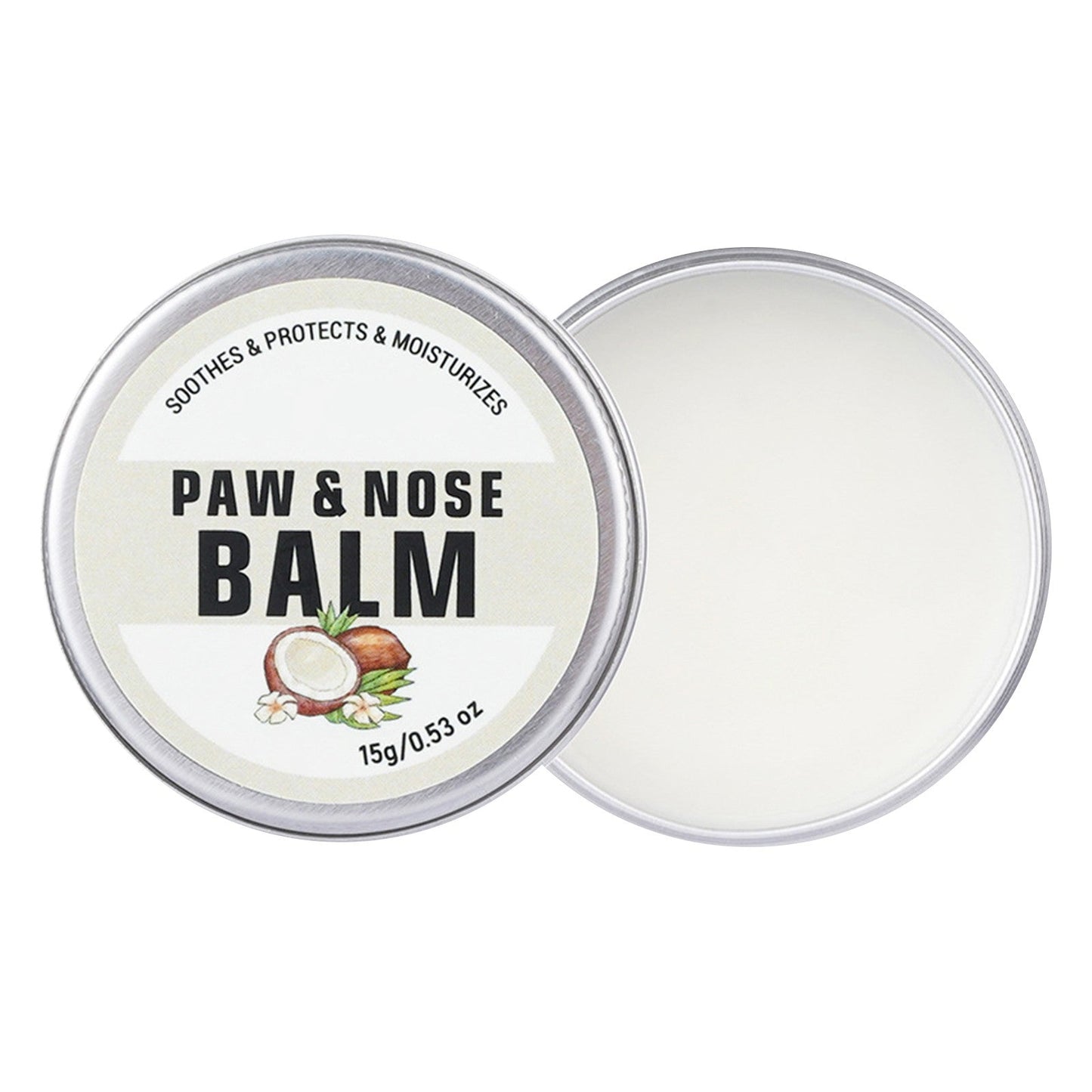 Coconut paw and nose balm in a tub, suitable for pets, by Pet Panache Boutique, emphasizing a lick-safe formula.