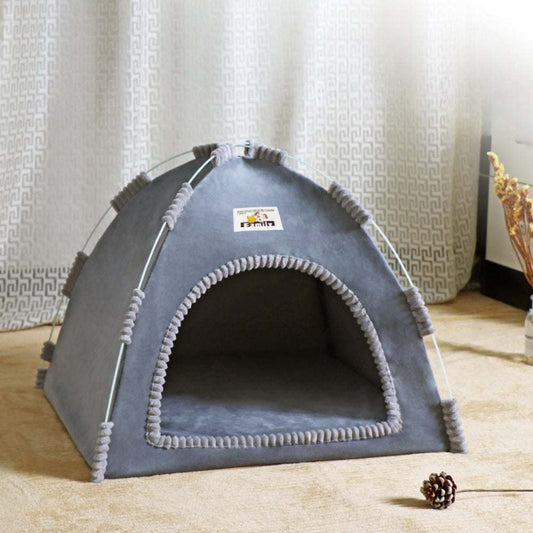 Blue or brown denim pet tent bed by Pet Panache Boutique, cozy and stylish for small dogs and cats.