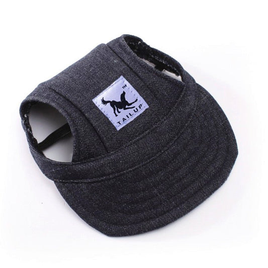 Navy denim pet hat with adjustable strap and cute brim, designed for small dogs or cats from Pet Panache Boutique.