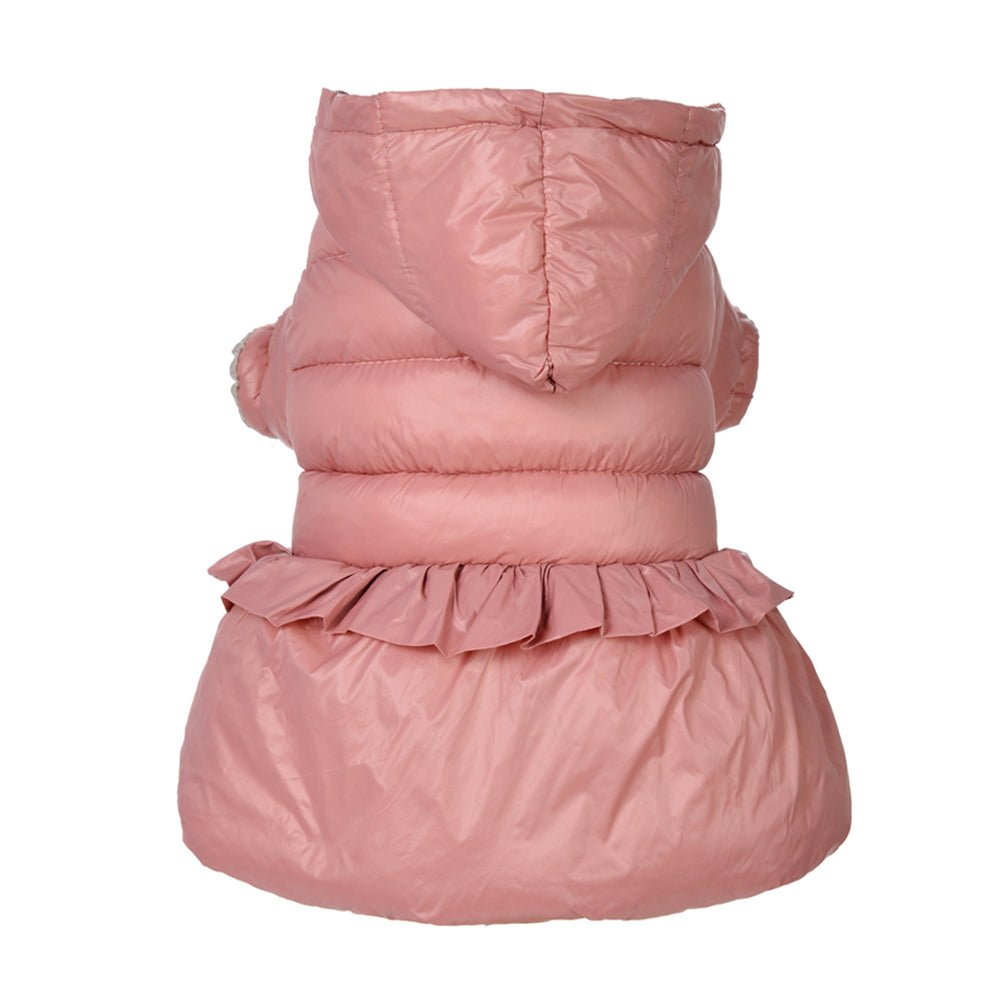 Dusty rose ruffled pet jacket by Pet Panache Boutique, stylish and cozy dog coat with ruffle details.