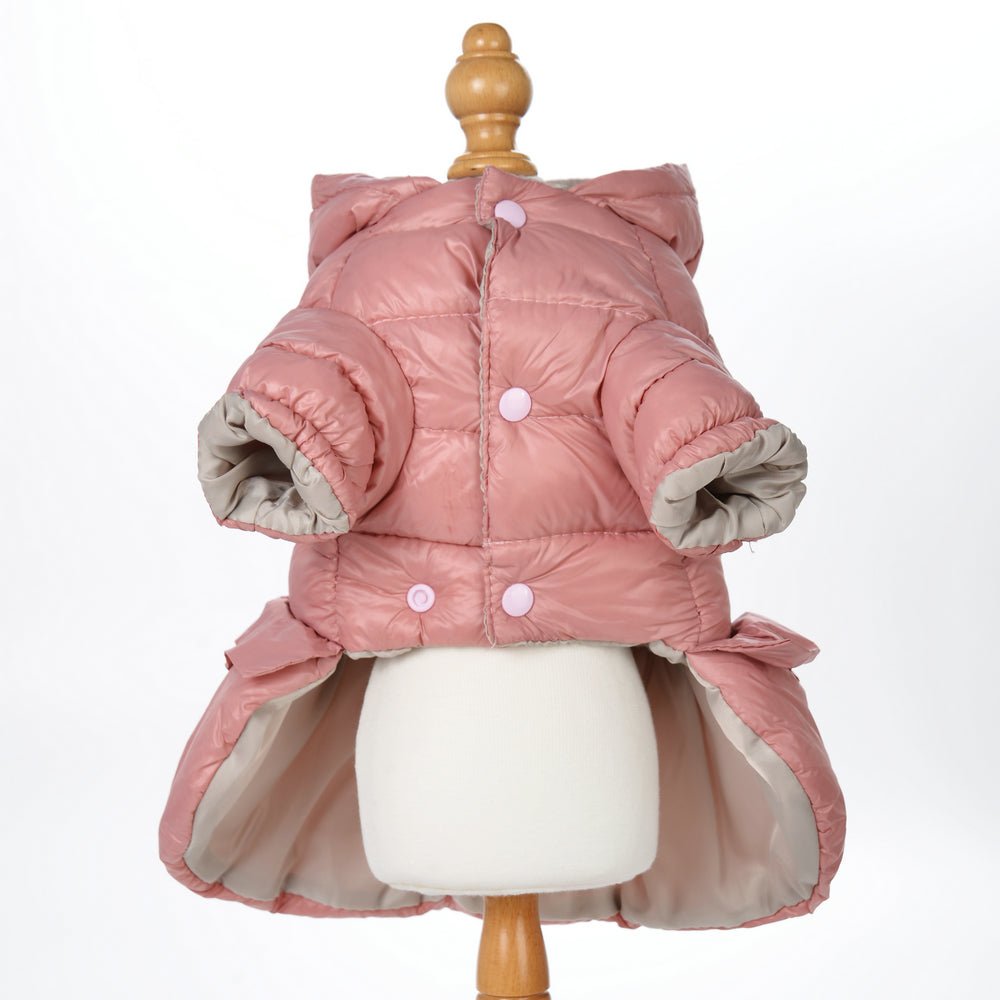 Dusty rose ruffled pet jacket by Pet Panache Boutique, showing soft fabric and ruffled details for small dogs or cats.