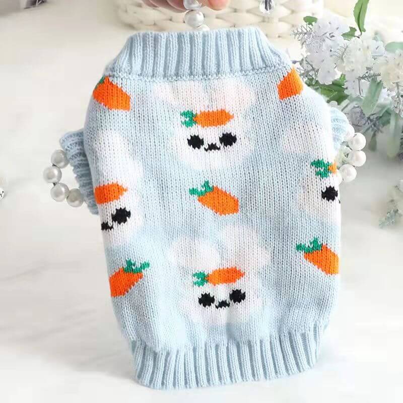 Easter Pet Sweaters featuring a blue design with bunnies and carrots pattern, stylish pet wear made of quality materials.