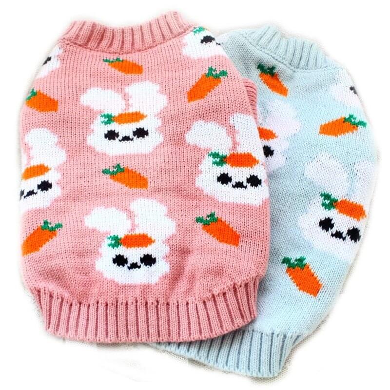 Easter Pet Sweaters in cheerful pink and blue with bunnies and carrots pattern, stylish pet wear made from quality materials.