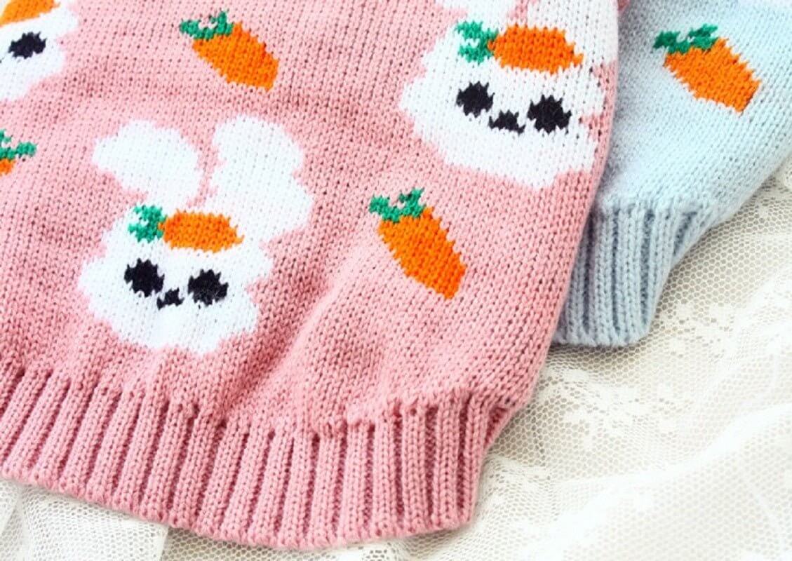 Easter Pet Sweaters featuring bunny and carrot patterns in pink and blue, stylish quality materials for pets.