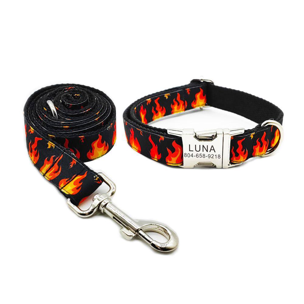 Personalized flame pet collar and leash set from Pet Panache Boutique, featuring vibrant flame design and custom engraving.