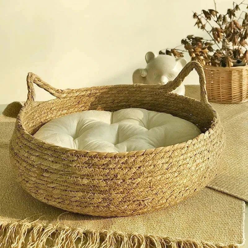 Four Seasons Rattan Round Cat Bed with Cushion - Pet Panache Boutique