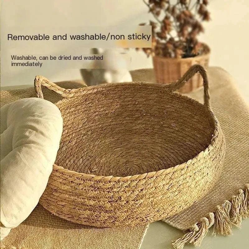 Four Seasons Rattan Round Cat Bed with Cushion - Pet Panache Boutique