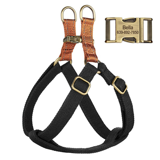 Personalized black pet harness from Pet Panache Boutique with adjustable straps and custom name tag for dogs or cats.