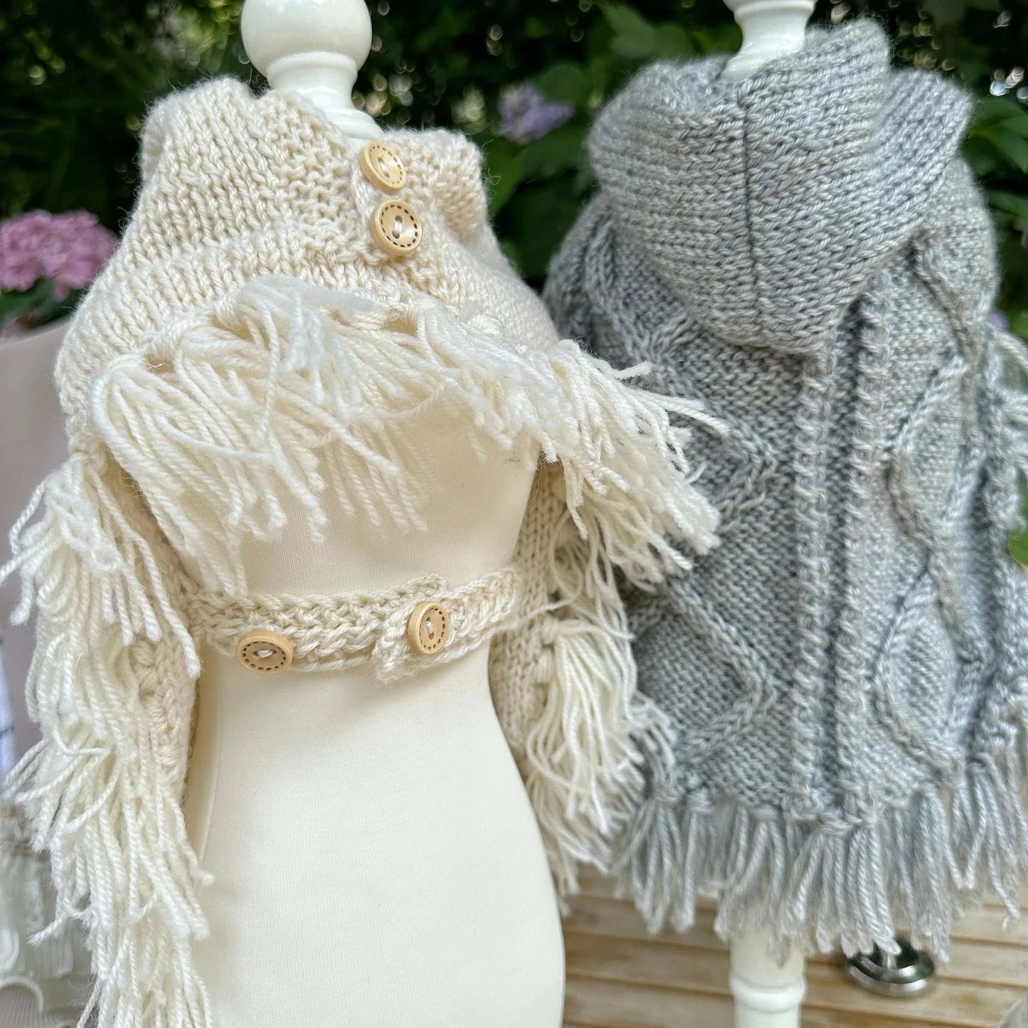 Pet Panache Boutique fringed knit pet sweater with hoodie and poncho style, cozy and stylish for small dogs or cats.