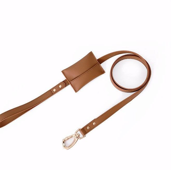 Carmel brown leather pet leash from Pet Panache Boutique, showcasing durable leather with metal clasp and comfortable handle.