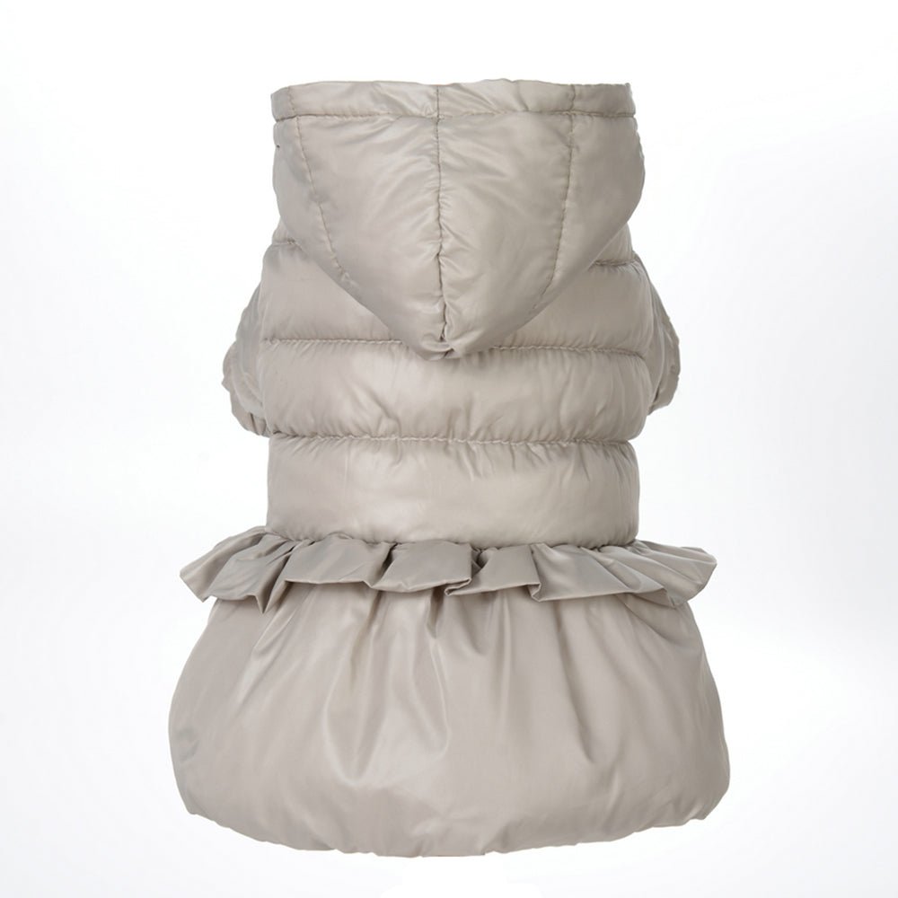 Gray ruffled pet jacket from Pet Panache Boutique, stylish and cozy pet jacket for small dogs or cats.