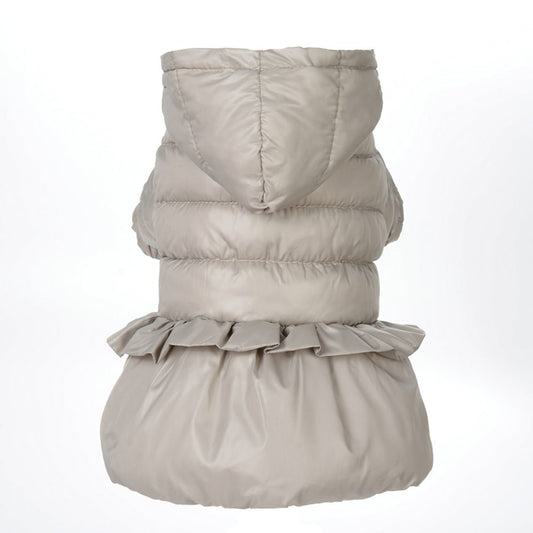 Gray ruffled pet jacket from Pet Panache Boutique, stylish and cozy pet jacket for small dogs or cats.