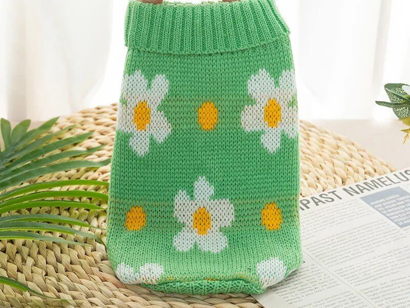 Green Daisy Pet Sweater featuring a soft light green base with charming white daisies and quality materials for stylish pet wear.