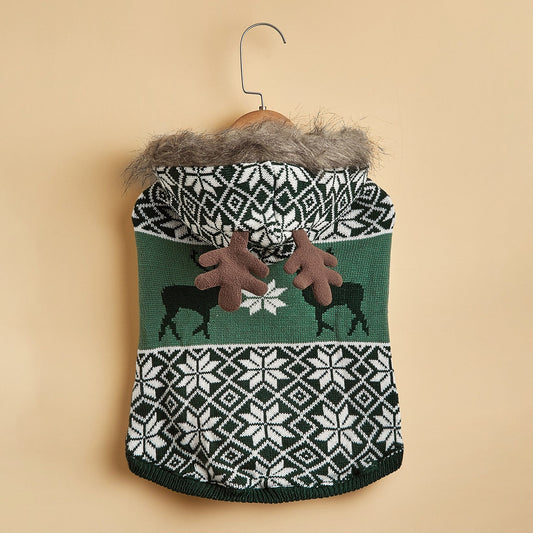 Green Snowflake Knit Pet Jacket with Reindeer Hoodie - Pet Panache Boutique
