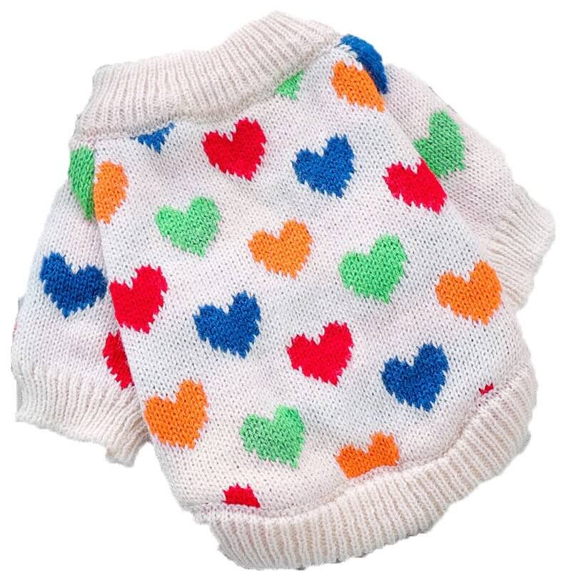 Hearts Pet Sweater in soft knit with multicolored hearts, stylish pet wear made from quality materials.