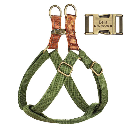 Personalized green pet harness from Pet Panache Boutique with adjustable straps and a custom name tag for comfortable outdoor walks.