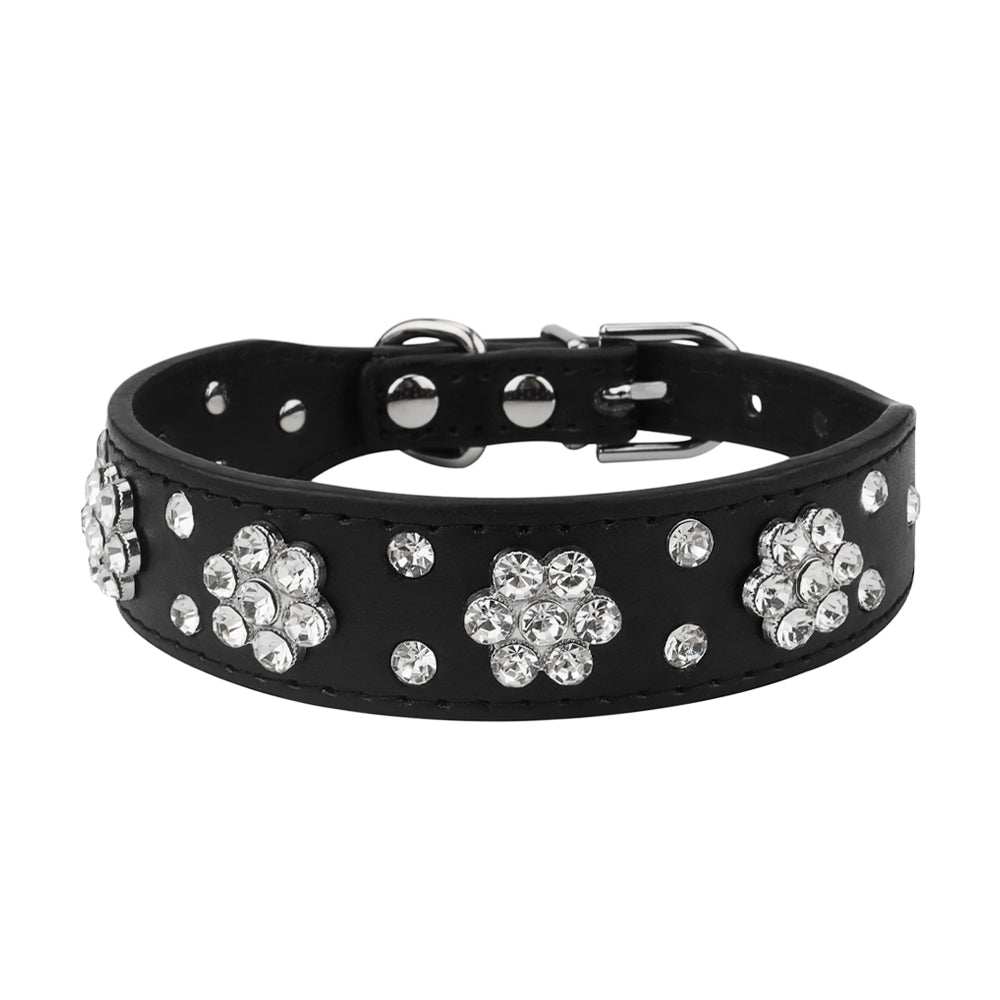Leather Rhinestone Flower Pet Collar - Pet Panache Boutique