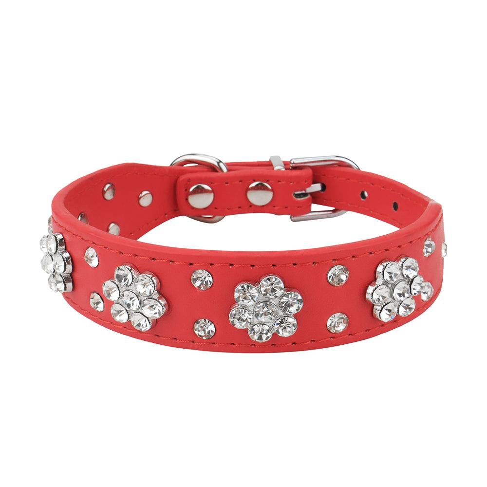 Leather Rhinestone Flower Pet Collar - Pet Panache Boutique