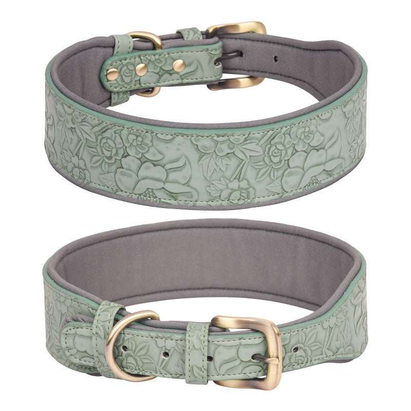 Light blue, sky blue, or navy blue floral engraved leather pet collar for dogs, featuring Air Tag compatibility by Pet Panache Boutique.