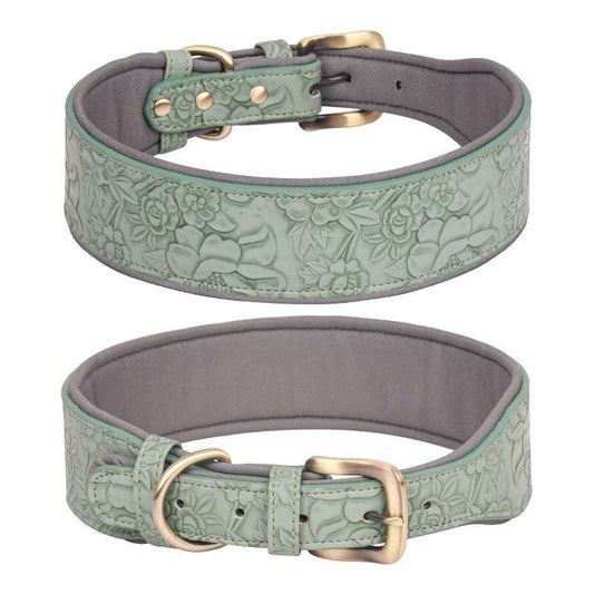 Light Blue, Sky Blue or Navy Blue Floral Engraved Leather Pet Collar - Pet Panache Boutique