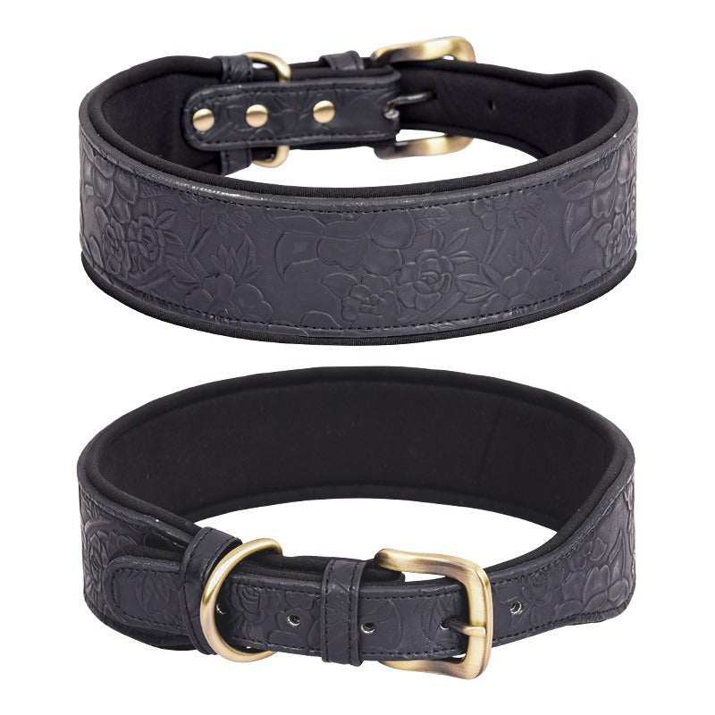 Light blue, sky blue, or navy blue floral engraved leather pet collar for dogs, designed with durable leather and stylish floral pattern.