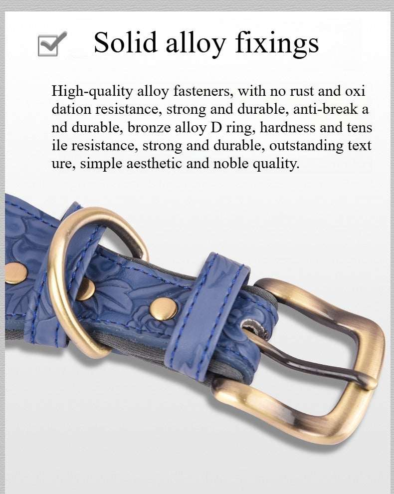 Light blue, sky blue, or navy blue floral engraved leather pet collar for dogs with Air Tag attachment by Pet Panache Boutique.