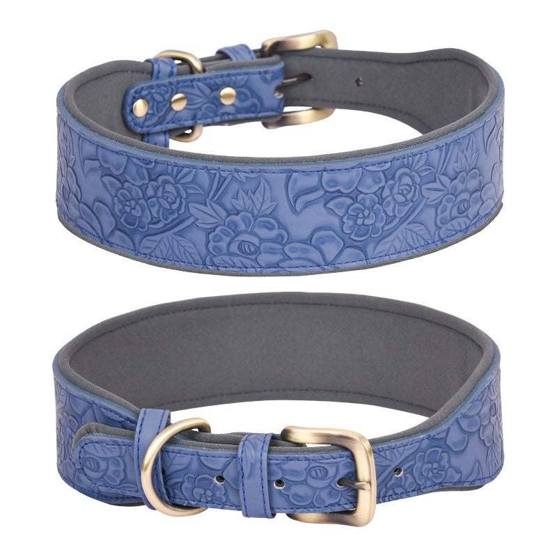 Light blue, sky blue, or navy blue floral engraved leather pet collar for dogs, with air tag holder, by Pet Panache Boutique