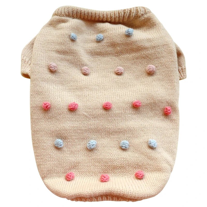Cute pompom pet knit sweater from Pet Panache Boutique featuring a cozy, colorful design for small dogs or cats.