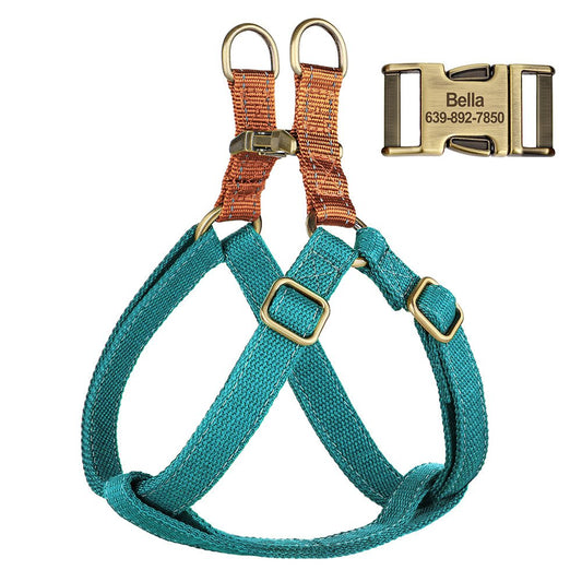 Personalized turquoise pet harness from Pet Panache Boutique with adjustable straps and metal D-rings for secure leash attachment.