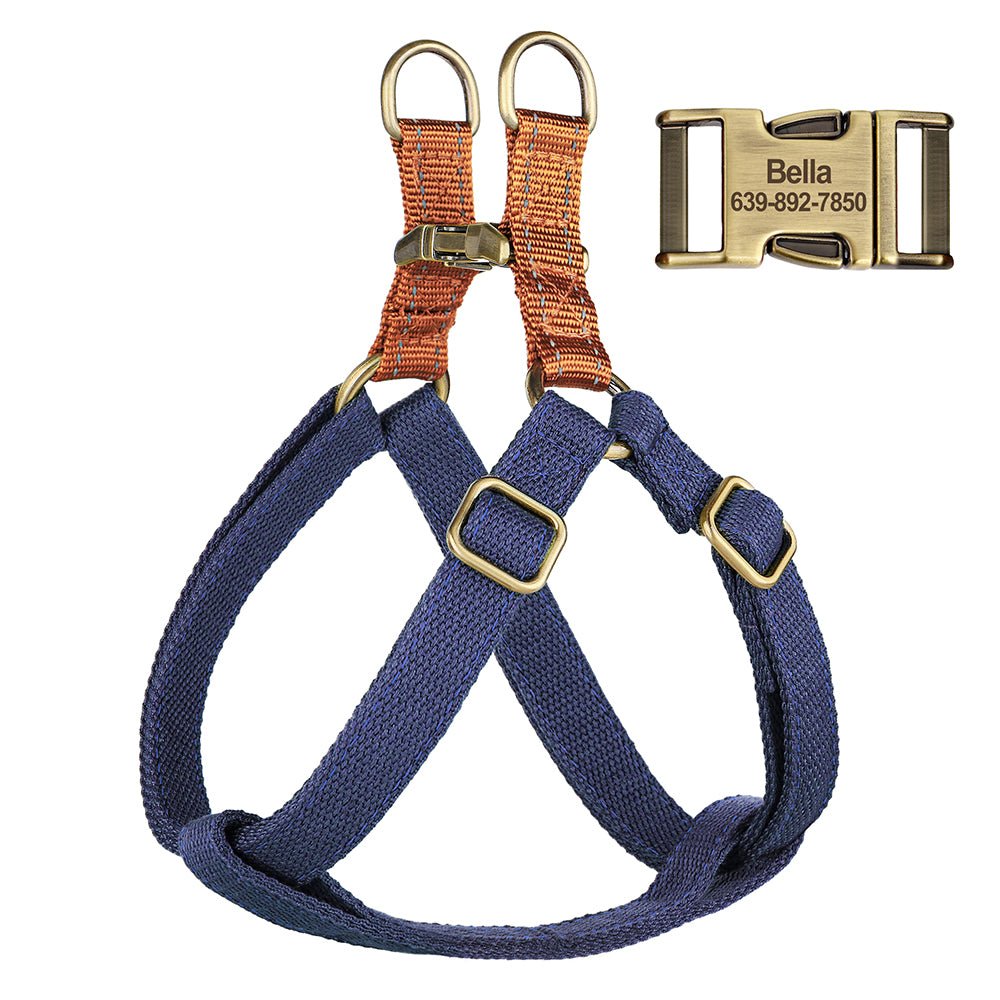 Personalized blue pet harness from Pet Panache Boutique with adjustable straps and secure buckle for small to medium pets.
