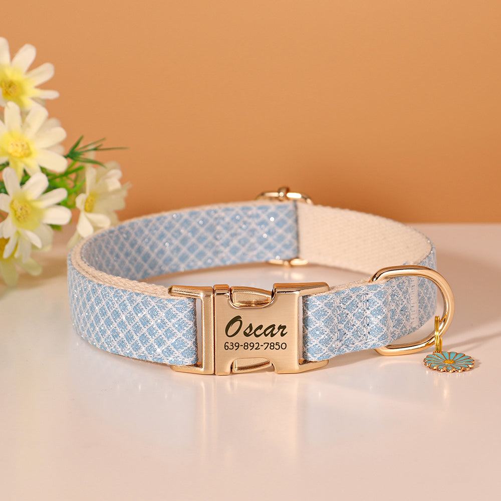 Personalized pet collar with vibrant multicolor mermaid pattern, featuring a stylish design from Pet Panache Boutique.