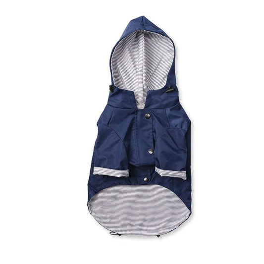 Navy blue or red pet raincoat by Pet Panache Boutique, lightweight waterproof coat for dogs with adjustable straps.