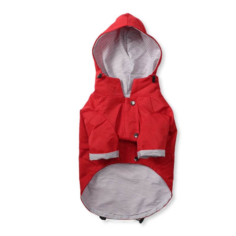Navy blue or red Pet Panache Boutique pet raincoat with waterproof material and adjustable straps for outdoor protection.