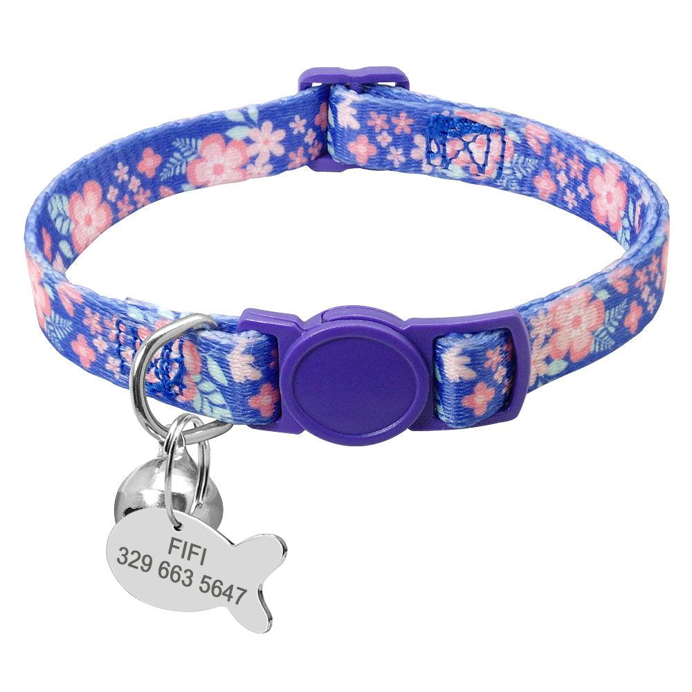 Periwinkle Floral Cat Collar with Fish ID Personalization Charm - Pet Panache Boutique