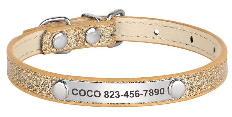 Personalized gold leather glitter pet collar with engraved name tag, stylish and durable for dogs or cats.