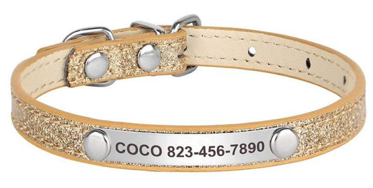 Personalized gold leather glitter pet collar with engraved name tag, stylish and durable for dogs or cats.