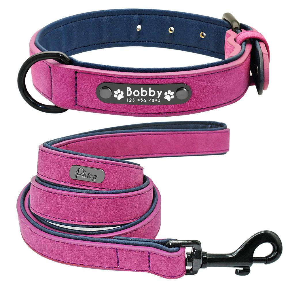 Personalized hot pink leather pet collar and leash set with custom embroidery, from Pet Panache Boutique.