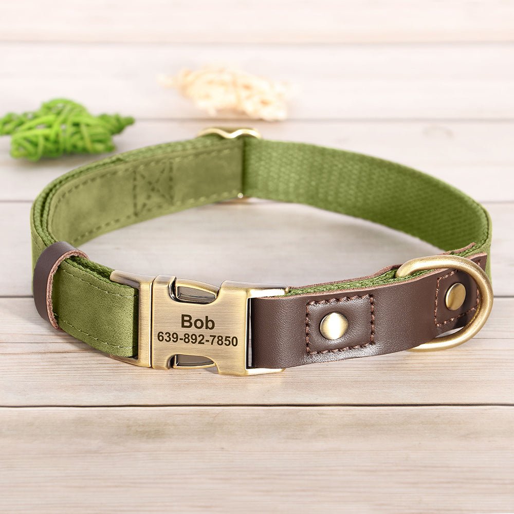 Personalized moss green nylon and leather pet collar and leash set with engraved name tag, from Pet Panache Boutique.