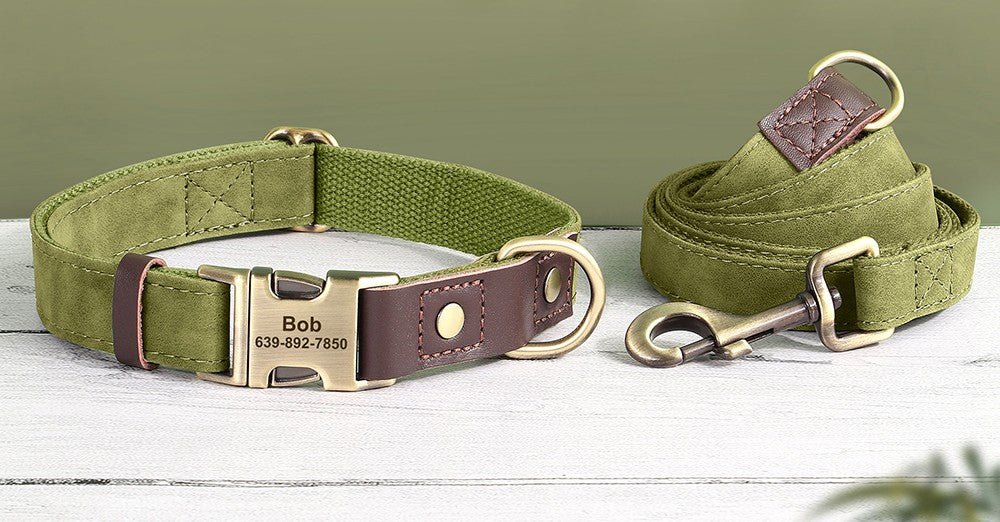 Personalized moss green nylon and leather pet collar and leash set with engraved name tag, by Pet Panache Boutique.