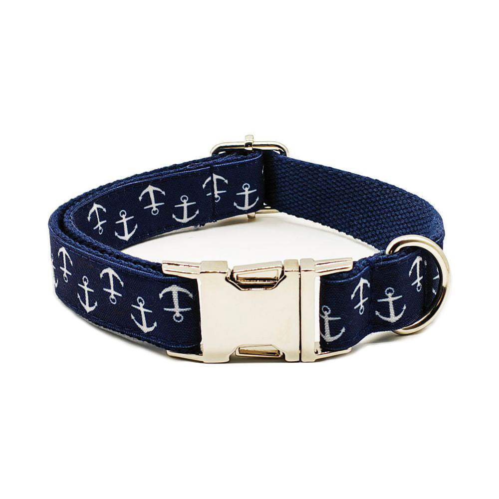 Personalized Nautica pattern pet collar and leash set from Pet Panache Boutique, featuring stylish nautical design for dogs.