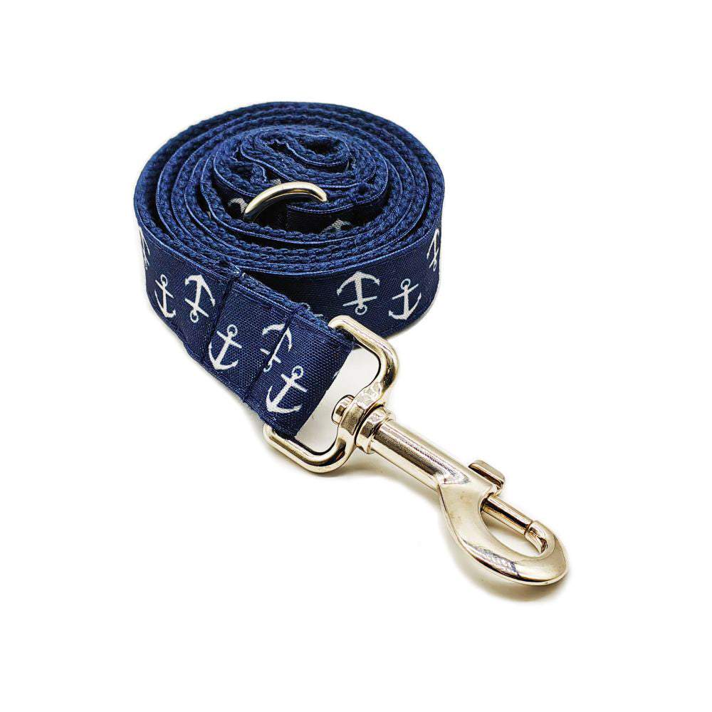 Personalized Nautica pattern pet collar and leash set by Pet Panache Boutique, featuring custom name embroidery and nautical design.