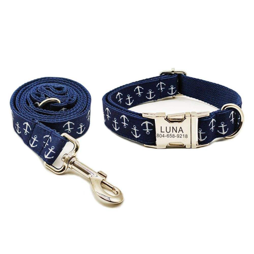 Personalized Nautica pattern pet collar and leash set from Pet Panache Boutique, featuring adjustable collars and matching leash.