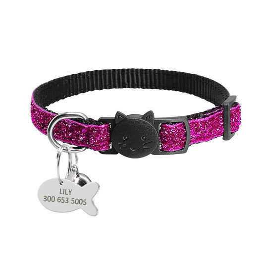 Personalized Pink Glitter Cat Collar with Fish ID Charm - Pet Panache Boutique