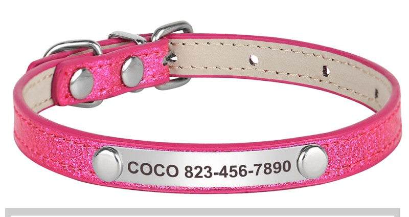 Personalized pink leather glitter pet collar with engraved name tag, stylish and comfortable for small dogs or cats.