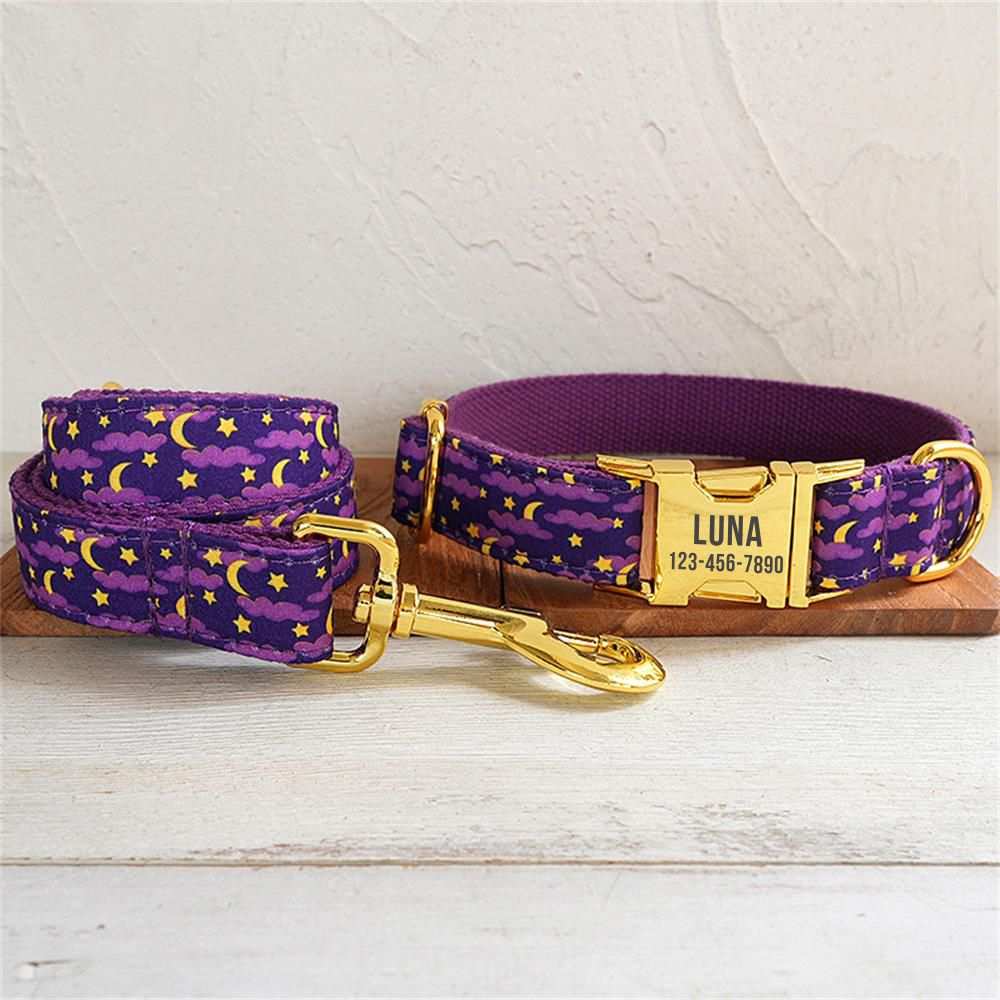 Personalized Purple Star Pattern Pet Collar & Leash Set - Pet Panache Boutique